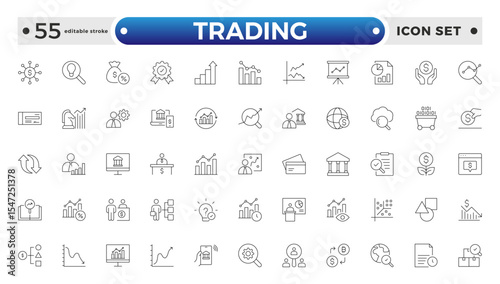 Trading Outline icon set. Containing Bank, Currency Exchange, Cheque, Security Guard, Money Transfer, Loan, Mobile Banking. Editable stroke outline icon.
