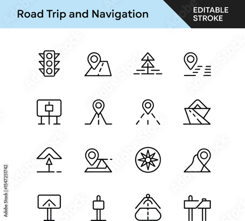 Road trip and navigation icons isolated on white background