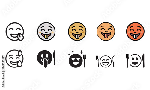  Set of Savoring Food Emoji vector icon Savoring Food Emoji Outline flat Icons. vector illustration 