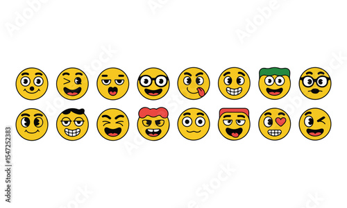  Set of Emoji funny cartoon faces icon of emoji smileys set of smiley faces vector illustration. colorful flat icons