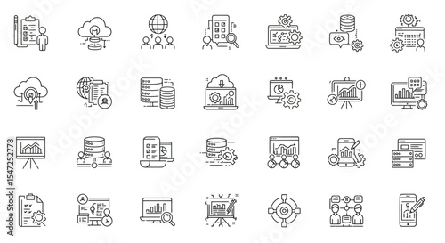 Collection of data analytics icons representing data management and processing