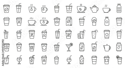Collection of minimalist line art drink icons representing different beverages and containers