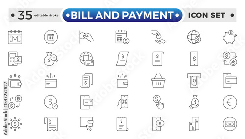 Bill and Payment Outline icon set. Containing finance related icons. bill, receipt, invoice, document, atm, cash, cryptocurrency, blockchain, banking, payments.
Editable stroke outline icon.