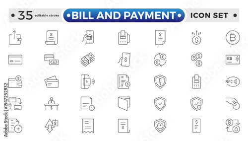 Bill and Payment Outline icon set. Containing finance related icons. bill, receipt, invoice, document, atm, cash, cryptocurrency, blockchain, banking, payments.
Editable stroke outline icon.