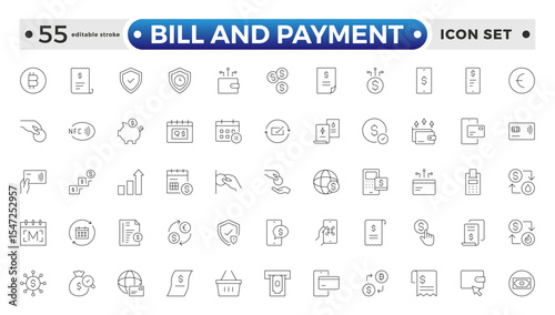 Bill and Payment Outline icon set. Containing finance related icons. bill, receipt, invoice, document, atm, cash, cryptocurrency, blockchain, banking, payments.
Editable stroke outline icon.