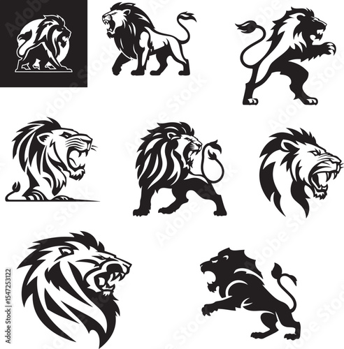 Bold Black Lion Outline with Mane Standing Roar Pose for Logo Design