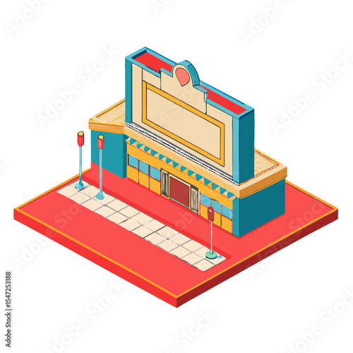 vector of a movie theater with marquee, posters, and red carpet in isometric form, isolated on white

