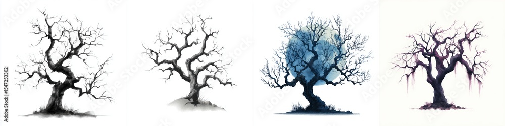 Fototapeta premium Bare Trees Silhouette Collection Featu Winter and Autumn Branches in Various Artistic Styles with Clear Sky Backgrounds for Nature and Landscape Design