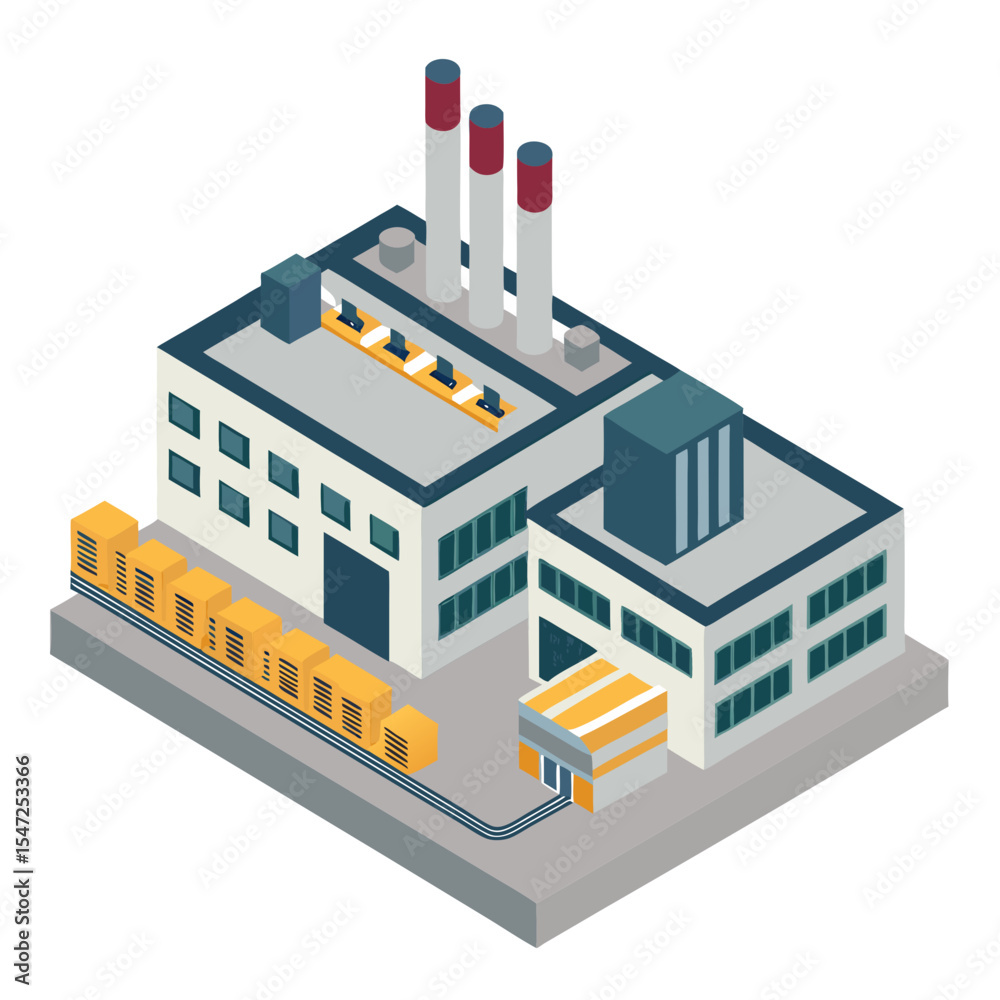 Fototapeta premium vector of a manufacturing facility with chimneys, conveyors, and control rooms, clean isometric style, white background 