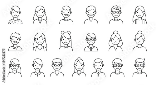 Diverse People Avatar Collection: Line Art Illustrations of Male and Female Faces