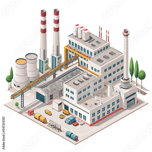 vector of a manufacturing facility with chimneys, conveyors, and control rooms, clean isometric style, white background
