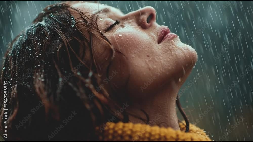 A woman stands with her eyes closed, feeling the refreshing rain on her face, immersed in nature's beauty and serenity
