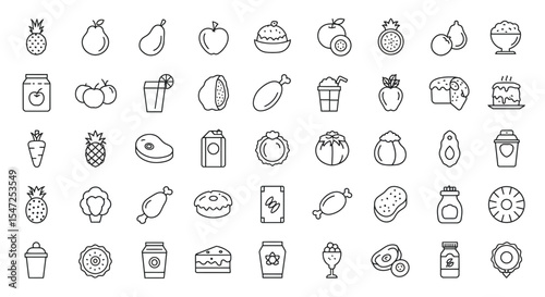 Set of minimal outline vector icons depicting various types of food items and drinks