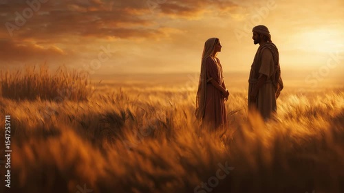 Ruth meets Boaz at sunset, bathed in warm golden light in a wheat field, symbolizing hope and new beginnings. A scene inspired by the Book of Ruth, highlighting love and faithfulness.