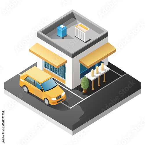 vector of a quick-service restaurant with drive-thru lanes and seating in isometric view, white background

