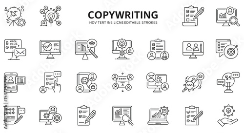 Set of linear icons representing copywriting concepts for design and creativity