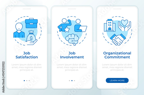 Job attitude types blue onboarding mobile app screen. Salary, perks. Walkthrough 3 steps editable graphic instructions with linear concepts. UI, UX, GUI. Montserrat SemiBold, Regular fonts used
