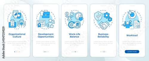 Job satisfaction key factors blue onboarding mobile app screen. Walkthrough 5 steps editable graphic instructions with linear concepts. UI, UX, GUI. Montserrat SemiBold, Regular fonts used