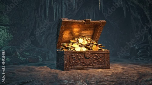 Old wooden treasure chest opened wide with glowing golden coins inside dark cavern, symbolizing ancient riches, adventure, greed, fantasy lore, and hidden prosperity