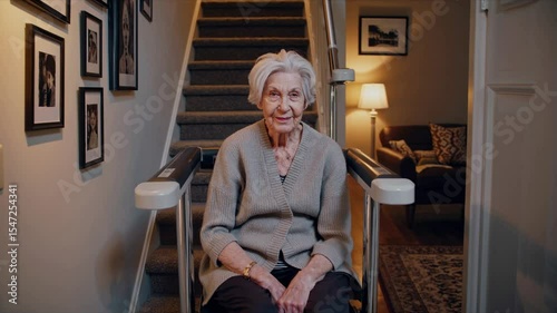 Elderly woman riding down stairlift at home, demonstrating mobility assistance, aging in place, stair safety, independent living, and assistive technology for senior home accessibility