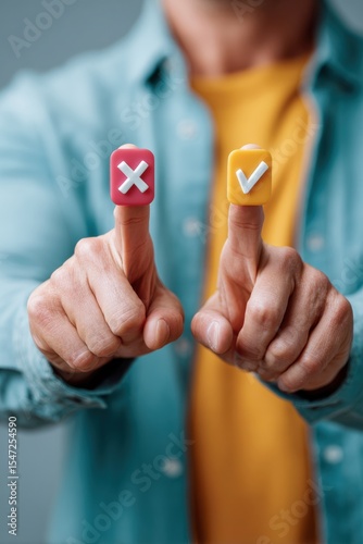 Modern business decision making concept with check and cross symbols on virtual interface, digital voting choice for consulting and crisis management