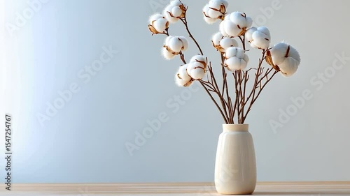 Cotton branches in vase on wooden table with soft blue background
