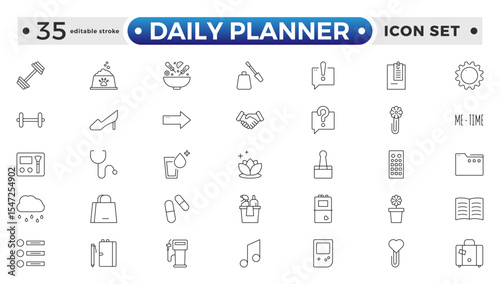 Daily Planner Outline icon set. Containing schedule, to-do list, task, manage time, planner, calendar, delegation, reminder, timer, set priorities and Time management. Editable stroke outline icon.
