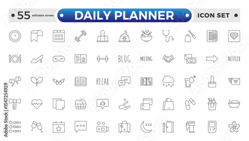 Daily Planner Outline icon set. Containing schedule, to-do list, task, manage time, planner, calendar, delegation, reminder, timer, set priorities and Time management. Editable stroke outline icon.
