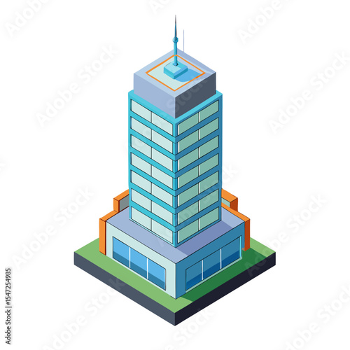 vector of a modern high-rise skyscraper with antenna and floor divisions, isometric angle, isolated on white

