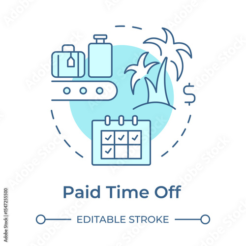 Paid time off soft blue concept icon. Vacation, travelling. Resort, tourism. Monthly planner. Round shape line illustration. Abstract idea. Graphic design. Easy to use in article, blog post