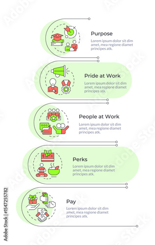 Employee fulfillment infographic vertical sequence. Corporate perks, business benefits. Visualization infochart with 5 steps. Circles workflow. Montserrat SemiBold, Lato Regular fonts used