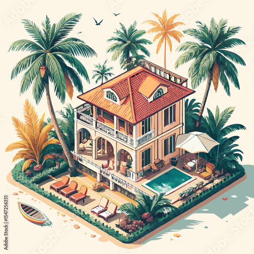 vector of a resort-style tropical villa with palm trees and open terrace in isometric format, white background
