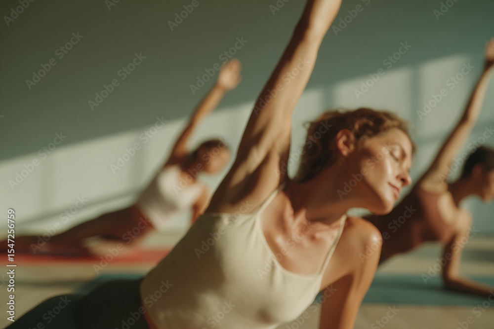 Fototapeta premium Active Aging Wellness Trend Seniors Stretching on Yoga Mats in Bright Studio for Mobility and Group Motivation Health Programs