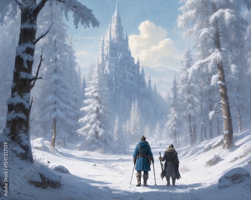 snowy road through the forest to a fairytale castle