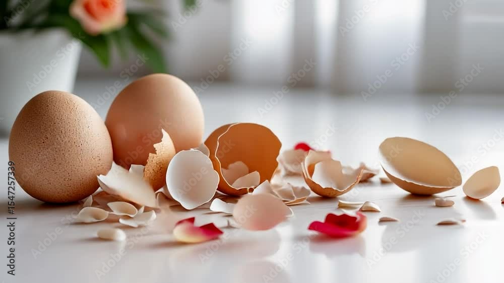 Brown eggs and cracked shells scattered on a clean white surface with delicate red rose petals a vibrant and natural still life