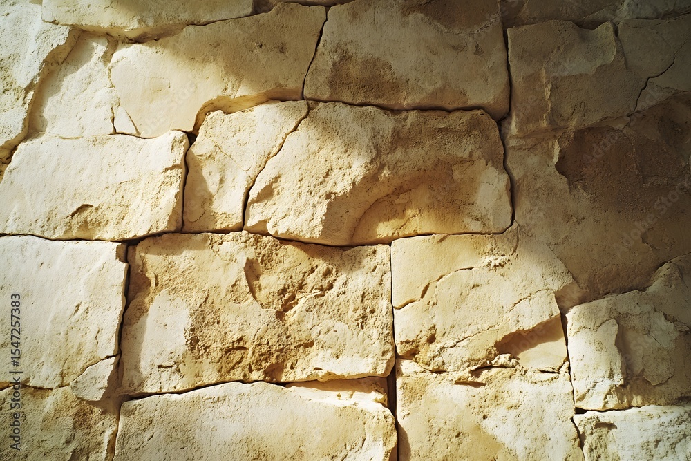 Fototapeta premium The background wall is made of beige decorative stone, which resembles natural sandstone or limestone blocks arranged in an evenly spaced grid pattern.
