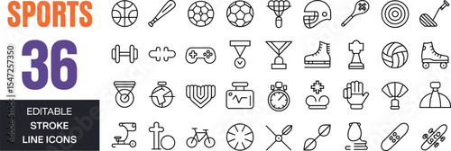 Sports line icons featuring equipment and activities for fitness