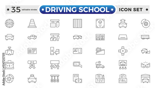 Driving School Outline Icon Set – Cars, Traffic, Education, and Transportation. Editable stroke outline icon.

