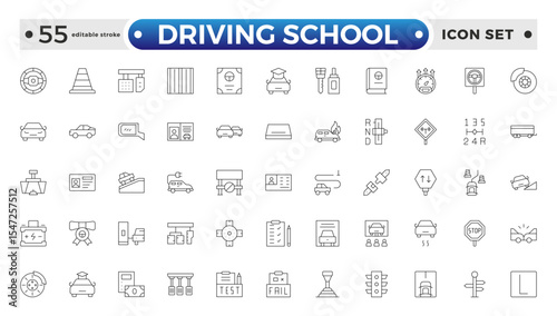 Driving School Outline Icon Set – Cars, Traffic, Education, and Transportation. Editable stroke outline icon.
