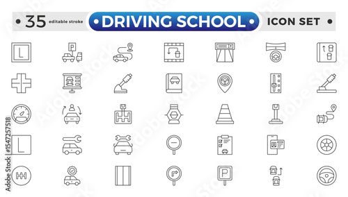 Driving School Outline Icon Set – Cars, Traffic, Education, and Transportation. Editable stroke outline icon.
