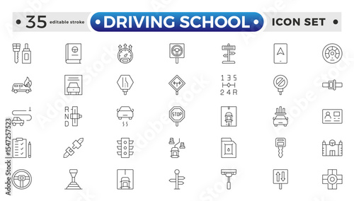 Driving School Outline Icon Set – Cars, Traffic, Education, and Transportation. Editable stroke outline icon.
