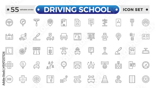Driving School Outline Icon Set – Cars, Traffic, Education, and Transportation. Editable stroke outline icon.
