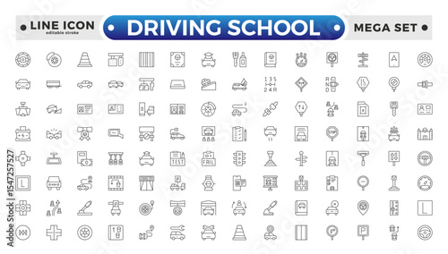 Driving School Outline Icon Set – Cars, Traffic, Education, and Transportation. Editable stroke outline icon.
