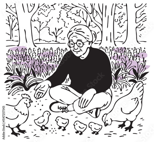 cute old lady sits and feeds chickens vector sketch. hens on a walk with grandma on the background of a forest and lavender field vector sketch