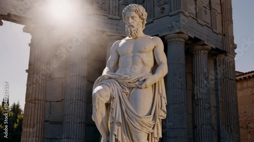 Marble statue of Aristotle illuminated by sunlight in classical outdoor setting, symbolizing ancient wisdom, reason, philosophy, education, and intellectual legacy of Greek thinkers