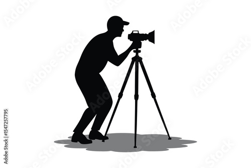 Man taking photo using tripod silhouette on white background