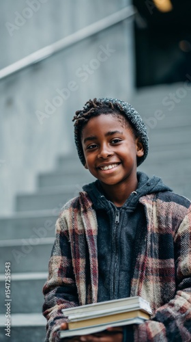Young black boy child smiling while holding books on school steps  