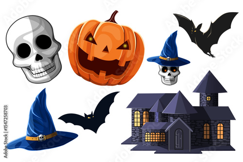 halloween festival decorative objects simple icon set design isolated on the white background.skull,halloween pumpkin face and house,bat flying,magic hat decor signs and symbols element.