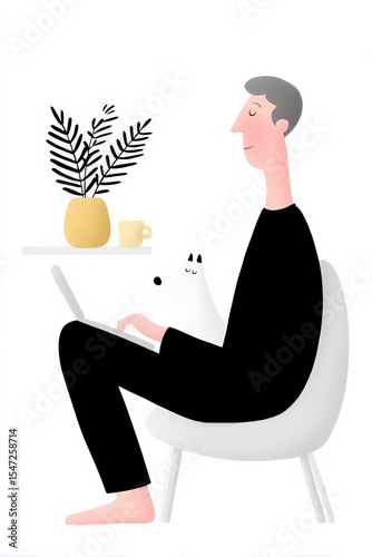 Minimalist illustration of a male working on a laptop with pet at home