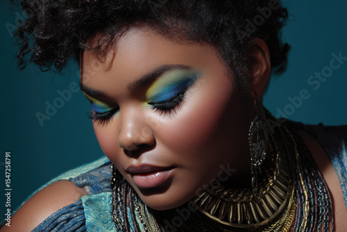 Glamorous portrait of plus size Black woman with bold makeup and fashion